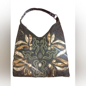 Hobo Fabric Sequin Elegant Black and Gold Embroidered Shoulder Bag